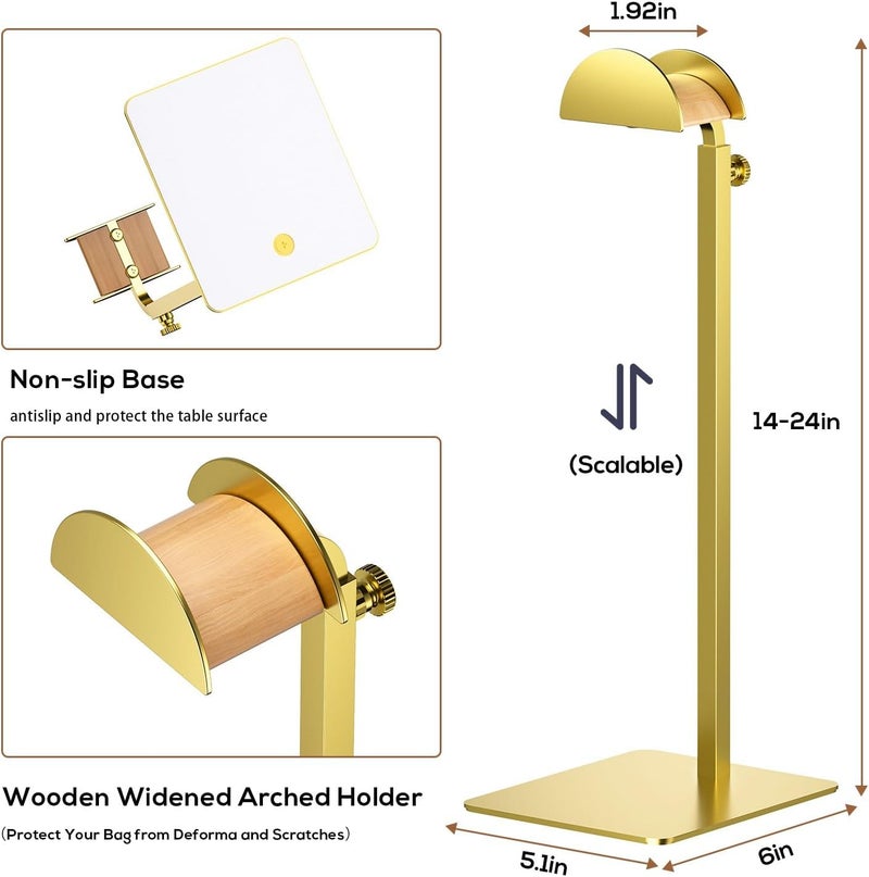 TIPSYTREE 2 Pack Purse Display Stand, Adjustable Height 14.27"–24" Handbag Stand Stainless Steel with Wood Hook for Closet, Vanity & Retail Display – Gold - Image 5